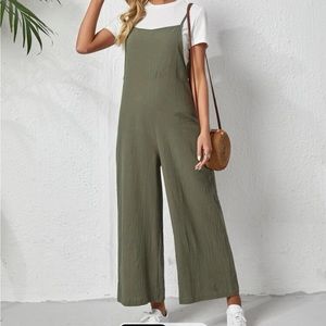 Textured Overall Wide Leg Jumpsuit army green